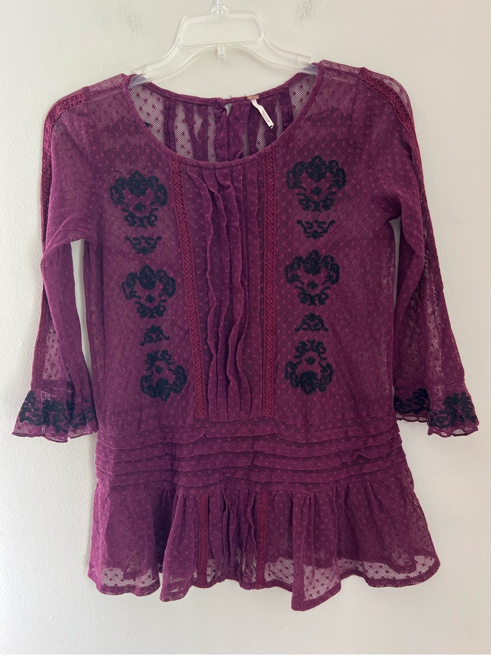 Free People Sheer Net Tunic Top Women’s S Purple Berry Embroidery Swiss Dot Boho